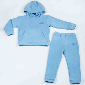 Ensemble de survêtement polaire épais 100 % coton personnalisé pour enfants, vente en gros, sweat à capuche et pantalon de jogging bleus unis doux pour tout-petits, hiver - Product Image 5