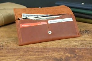 High Quality Genuine Leather Bifold Wallet for Men Women Unisex Long <b>Purse</b> Button Closure Cotton Lining Featuring Logo Pattern - Product Image 6
