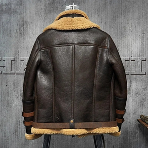 Chaqueta de Cuero Genuino Marrón para Hombre con Forro de Sherpa, Estilo Motero, Cuello Camisero, Cierre de Cremallera, Abrigo de Invierno - Product Image 3