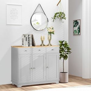 Credenza Grigia con 3 Cassetti e Ripiani Regolabili, Mobile da Cucina con Piano in Legno Massello - Product Image 2