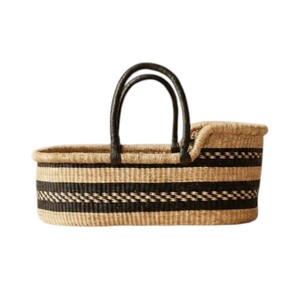 Panier à langer artisanal en jonc de mer à rayures horizontales ethniques et motif croisé, et panier à langer pour enfant en rotin avec - Product Image 3