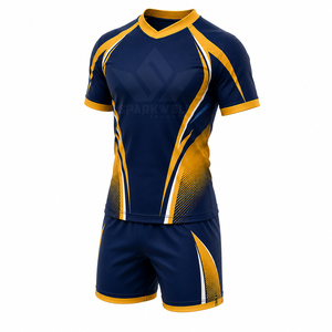 Ensemble de maillot de rugby personnalisé bleu marine et jaune pour hommes, manches courtes, col en V, polyester respirant sublimé, uniforme sportif d'équipe pour adultes - Product Image 4