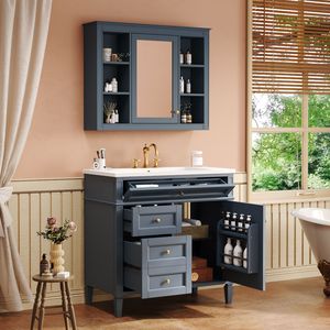 Mobile Bagno Moderno da 36 Pollici con Armadietto Portamedicinali, 2 Ante con Chiusura Ammortizzata, 4 Cassetti, Lavabo Singolo - Product Image 2