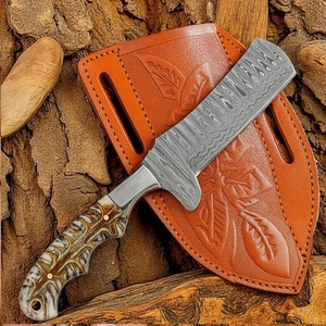 Cuchillo de caza tipo BullCutter de acero de Damasco al por mayor, hoja fija, mango de resina epoxi, funda de cuero, logotipo personalizado OEM, 3 años de garantía - Product Image 1