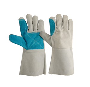 Leather Welding <b>Gloves</b> with Cotton Lined Blue Palm Reinforcement Inset Thumb Gray Cuff for TIG MIG Use - Product Image 6