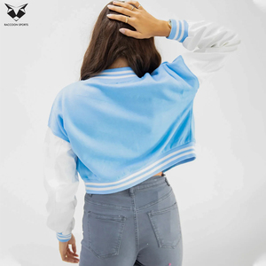 Light Blue White Varsity <b>Jacket</b> <b>Women</b> Full Sleeve Embroidered Letter B College Style Turn-Down Collar Short Length Autumn Wear - Product Image 3