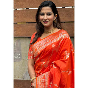 Sari en soie douce tissé Banarasi jaal orange, vêtements indiens et pakistanais - Product Image 2
