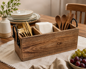 Porte-couverts rectangulaire multifonctionnel en bois de manguier, moderne, durable et écoresponsable, à un seul niveau, pour organiser les couverts - Product Image 1