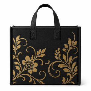 Black Nonwoven Felt Tote <b>Bag</b> Gold Floral Pattern Open Closure Hand Length Handle <b>Medium</b> <b>Size</b> Daily Use Custom Printed - Product Image 1