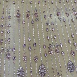 Handmade Fancy Heavy Beadwork <b>Rhinestone</b> Lace <b>Fabric</b> 100% Polyester Luxury Pink Crystal Embellished Mesh Tulle Embroidery - Product Image 1