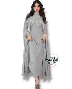 Awais House Women's Grey Beaded Embroidery Polyester Fiber <b>Chiffon</b> Floor-Length Modest Evening Dress V-neck Full Sleeve Natural - Product Image 6
