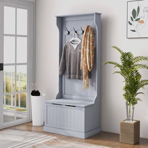 Panca da ingresso grigia con appendiabiti e panca con seduta, panca da ripostiglio con ganci portaoggetti per l'arredamento della casa - Product Image 2