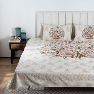 Sábana Plana con Estampado de Pavo Real en Negro Real, Cubrecama de Algodón con Diseño Floral Étnico, 2 Fundas de Almohada, Precio al por Mayor - Product Image 3