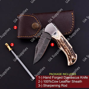 Mejor Cuchillo Plegable de Damasco Forjado a Mano con Patrón Retorcido y Mango de Cuerno de Ciervo, Plegable para Supervivencia, Caza, Camping, EDC - Product Image 2
