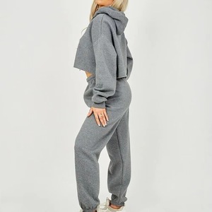 Women Pink Cotton Tracksuit Set Hooded <b>Crop</b> Top Full Length Pants Casual Loose Fit Solid Color Full Sleeve Spring Wear - Product Image 4