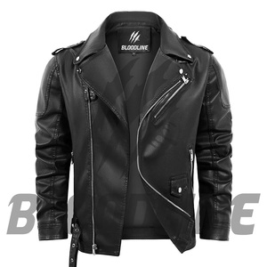Blouson moto en cuir PU noir pour homme BLOODLINE, coupe ajustée, fermeture éclair, col rabattable, pour l'automne - Product Image 6