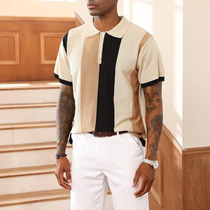<b>Men's</b> Knitted Short Sleeve Polo Shirt Color Blocked Striped Casual Zipper Design Regular Fit - Product Image 4