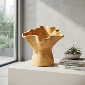Vase en bois de teck sculpté à la main, design moderne, motif abstrait, bol décoratif pour fleurs, grain de bois naturel, accent de table pour salon - Product Image 5