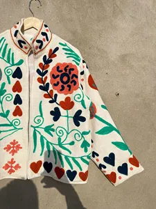 Hand Embroidered Cotton <b>Boho</b> Jacket for Women Floral Heart Pattern Ethnic Suzani Style Short Coat Casual Wear - Product Image 3