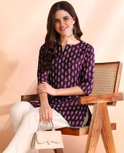 <b>Indian</b> Women Wear Purple Printed Rayon Kurti With White Pants Casual Wear India Pakistan Style Regular Fit Midi Length <b>Top</b> - Product Image 1