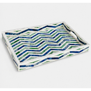 Plateau de service vintage fait main en os incrusté, motif chevron bleu vert de luxe, plateau décoratif en bois, vente en gros, décoration intérieure - Product Image 5