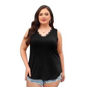 Débardeur noir sans manches à col en V pour femme avec bordure en dentelle, décontracté, grande taille - Product Image 1