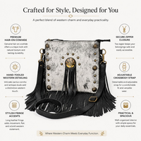 Sac bandoulière pour femme en cuir de vachette véritable à poils, style western avec franges et accents concho, fait main, pour le quotidien et les voyages