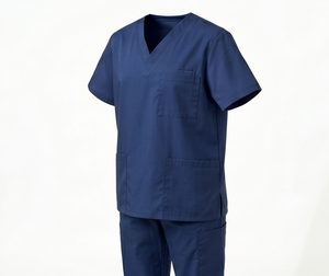 Unisex Blue <b>Scrub</b> Top V-Neck Short Sleeve Woven Cotton Polyester Hospital <b>Uniforms</b> <b>Scrub</b> Tops - Product Image 1