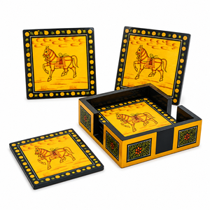 Ensemble de dessous-de-verre en bois peint à la main avec support |   Design traditionnel indien de cheval - Product Image 3