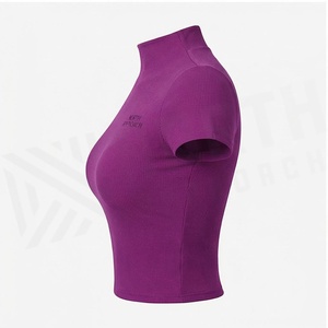 North Approach Ribbed Turtleneck Crop Top Short Sleeve Sweat Wicking Yoga Wear Women's Sportswear - Product Image 2