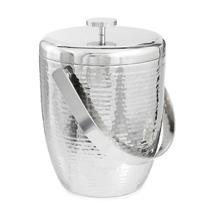 Seau à glace isotherme double paroi en acier inoxydable avec couvercle et poignée en bois, refroidisseur à champagne et vin en métal martelé, vente en gros - Product Image 4