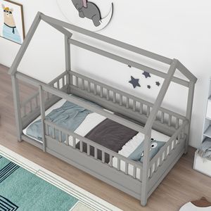 Letto in Legno per Bambini Misura Twin con Struttura a Tetto di Casa Grigio e Sponde di Sicurezza - Product Image 5