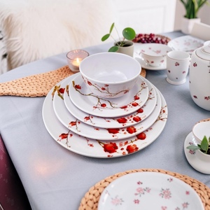 Floral <b>Melamine</b> Dinnerware <b>Set</b> Red Roses Round Bowl and Flat Plates Durable Party Use - Product Image 1