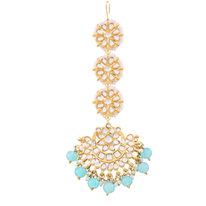 Ethnic Style Alloy Maangtikka With <b>Blue</b> <b>Beads</b> And Pearl Chain Handmade For Wedding Bridal Occasion - Product Image 3