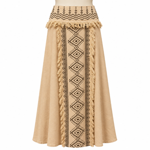 Natural Beige Bohemian Wrap <b>Maxi</b> <b>Skirt</b> Ethnic Tribal Fringe Design | Womens Festival Beach Resort Lightweight Summer Casual Wear - Product Image 1