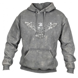 Sweat-shirt à capuche vintage en molleton épais, délavé à l'acide, avec strass et motif aigle, coupe droite, style streetwear, personnalisable, vente en gros pour hommes - Product Image 1