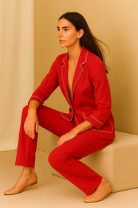 Conjunto de blazer rojo llamativo para mujer en poliéster suave con chaqueta de manga tres cuartos y pantalones a juego en Other Apparel - Product Image 3
