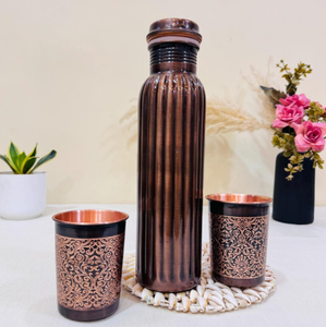 Bouteille d'eau en cuivre pur, finition antique foncée, surface à motif côtelé vertical, gourde sans joint, anti-fuite, avec bouchon à vis - Product Image 3