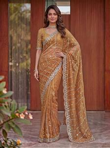 Sari en soie dorée avec bordure brodée de perles et chemisier assorti pour les occasions de mariage, sari traditionnel pour femmes, longueur au sol - Product Image 2