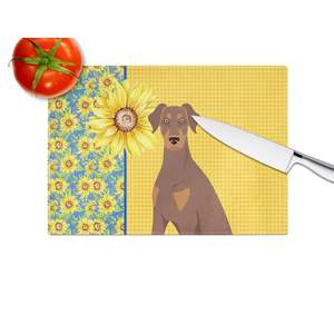 Tournesols d'été Planche à découper décorative en verre trempé Oreille naturelle Rouge Tan Doberman Pinscher Design Cuisine grande taille - Product Image 4