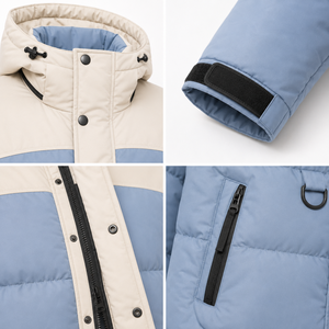 Wholesale Winter Puffer <b>Jacket</b> Modern Color Block Shell Insulated Hood Adjustable Cuffs Custom Woven Patch Sleeve Cargo Pocket - Product Image 4