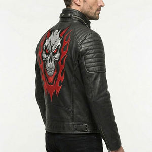 Chaqueta de Cuero Negra para Hombre al por Mayor, Estilo Motero con Bordado de Calavera y Parche Trasero, Abrigo Urbano Vintage, Chaqueta Bomber Cafe Racer - Product Image 3