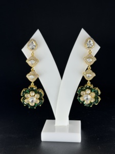 Boucles d'oreilles pendantes Polki en argent sterling 925, forme de fleur verte nano, bijoux indiens pour femmes, cadeau pour elle - Product Image 1