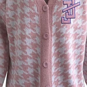 <b>Women</b> Pink <b>White</b> Houndstooth Knit <b>Cardigan</b> V Neck Button Front Long Sleeve Oversized Sweater Casual Fashion Ladies Wholesale - Product Image 5