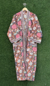 Floral Hand Block Cotton <b>Kimono</b> Women V-Neck Long Robe <b>Beach</b> Cover Resort Wear Lightweight Summer Spring High Quality Lounge - Product Image 3