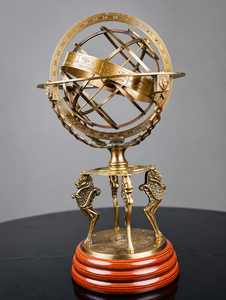 Globe armillaire en laiton avec anneau zodiacal et support hippocampe, sculpture astronomique vintage, centre de table de luxe - Product Image 1