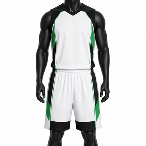 Ensemble de maillots de basket-ball personnalisés pour hommes, blanc, vert, noir, sublimé, col en V, manches courtes, évacuation de l'humidité, coupe régulière, logo sur le devant - Product Image 1