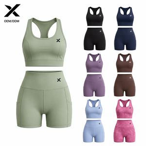 Conjunto Deportivo de Compresión para Mujer X Sports City, Pantalones Cortos Deportivos de Cintura Alta con Control de Abdomen, Color Sólido, Sin Costuras, Elástico en Cuatro Direcciones, Secado Rápido - Product Image 1