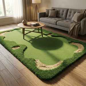 Alfombra Moderna Abstracta de Lana Tufted Hecha a Mano en Verde Musgo y Melocotón Coral |   Alfombra de Alta Calidad Antideslizante y Apta para Mascotas para Sala de Estar y Dormitorio - Product Image 1