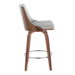 Tabouret de comptoir Gianna de 26 po, style Mid-Century Modern, en bois de noyer, simili cuir gris clair, hauteur fixe avec pivotant et accents chromés - Product Image 3
